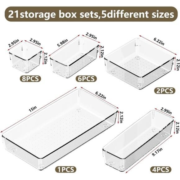 Clear Drawer Organizer Set 21 PCS Acrylic Storage Bins Non Slip for Makeup Jewel - Picture 2 of 7